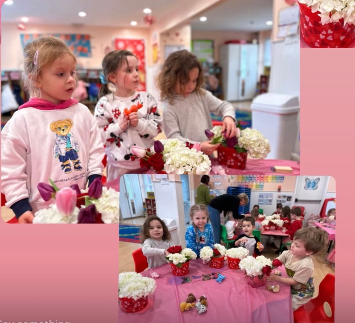 Children arranging flowers on pink tables in a classroom with colorful decor and heart-themed vases.